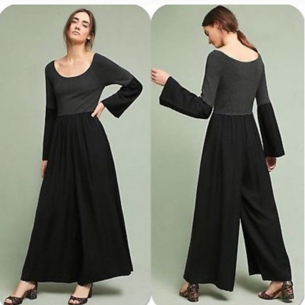 Anthropologie MOTH Wyn Cold Shoulder Jumpsuit, black and gray size M